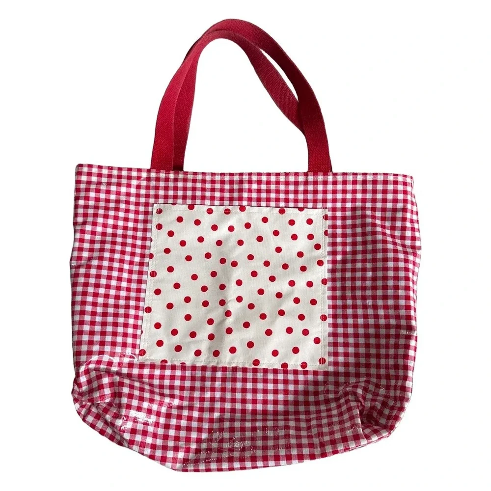 Blue French Toile Oilcloth Tote Bag Reversible Red Gingham Canvas Handles Large